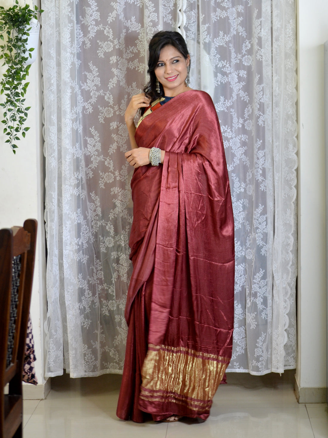 "Silkana"- Ajrakh Mashroo Silk Blouse Ivory2