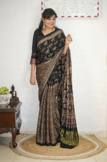 Modal Ajrakh Hand Blocked Print Saree-Black2