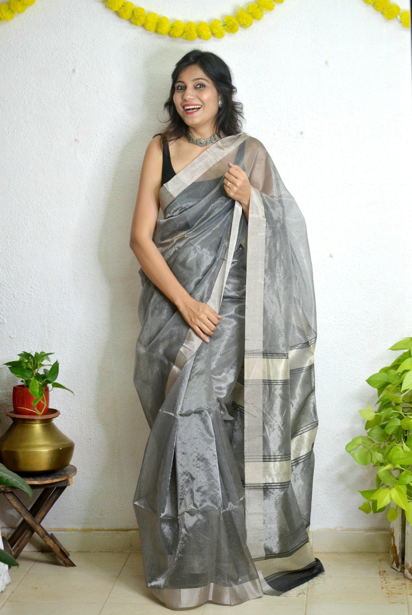 Buy Dark Blue, Green And Silver Saree In Cotton With Striped Print All Over  Online - Kalki Fashion