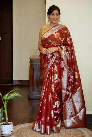 Meenakari Georgette Banarasi Saree- Brown