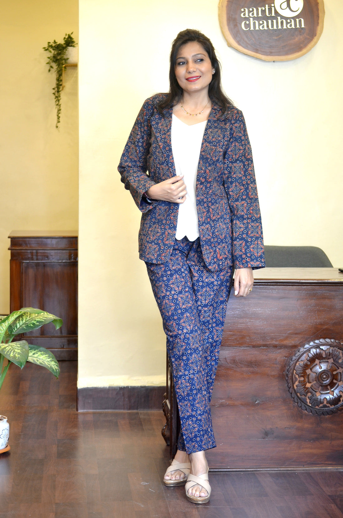 Handblock Printed Cotton Ajrakh Trouser-Indigo