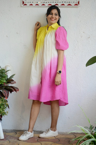 'Kinara'-Yellow Pink Tie-dye Drees