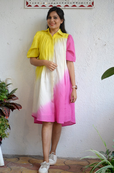 'Kinara'-Yellow Pink Tie-dye Drees