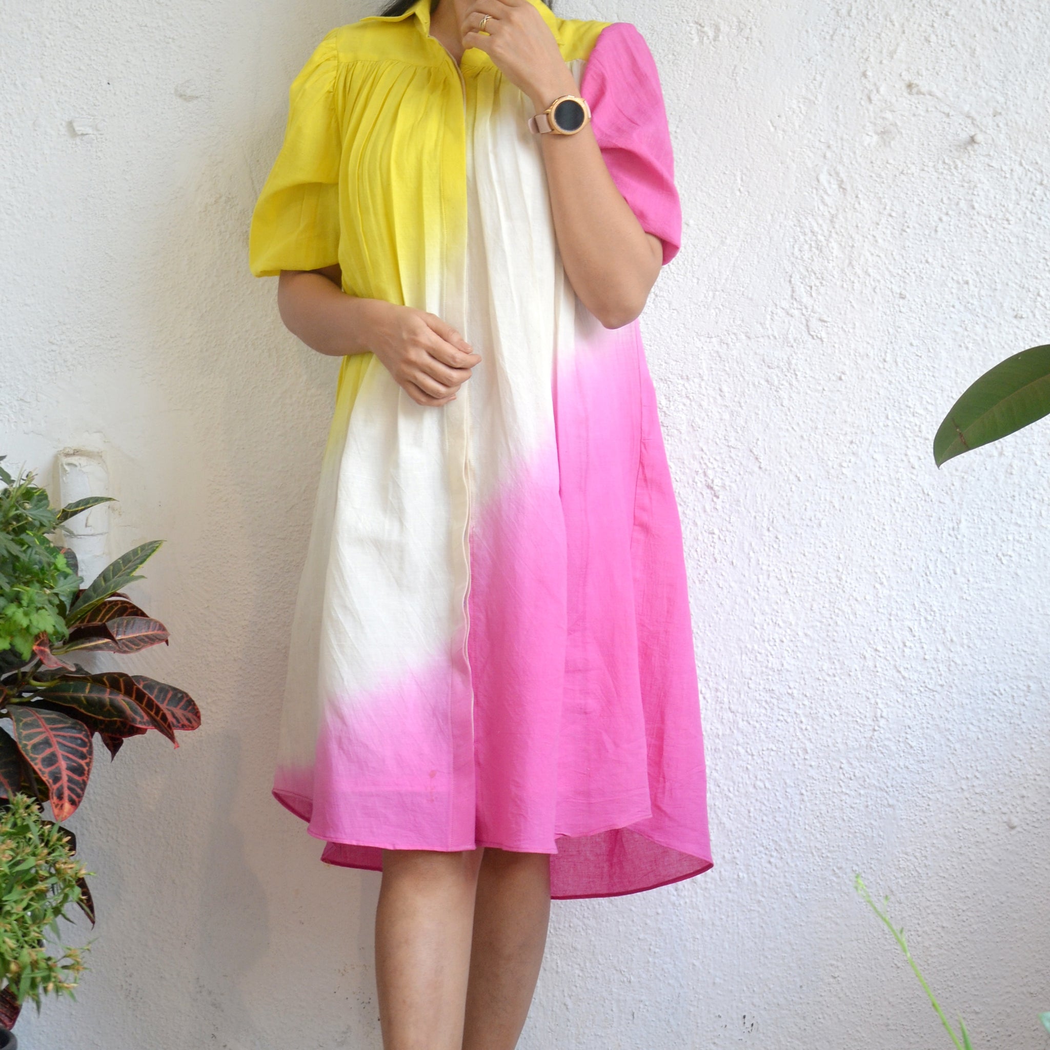 'Kinara'-Yellow Pink Tie-dye Drees