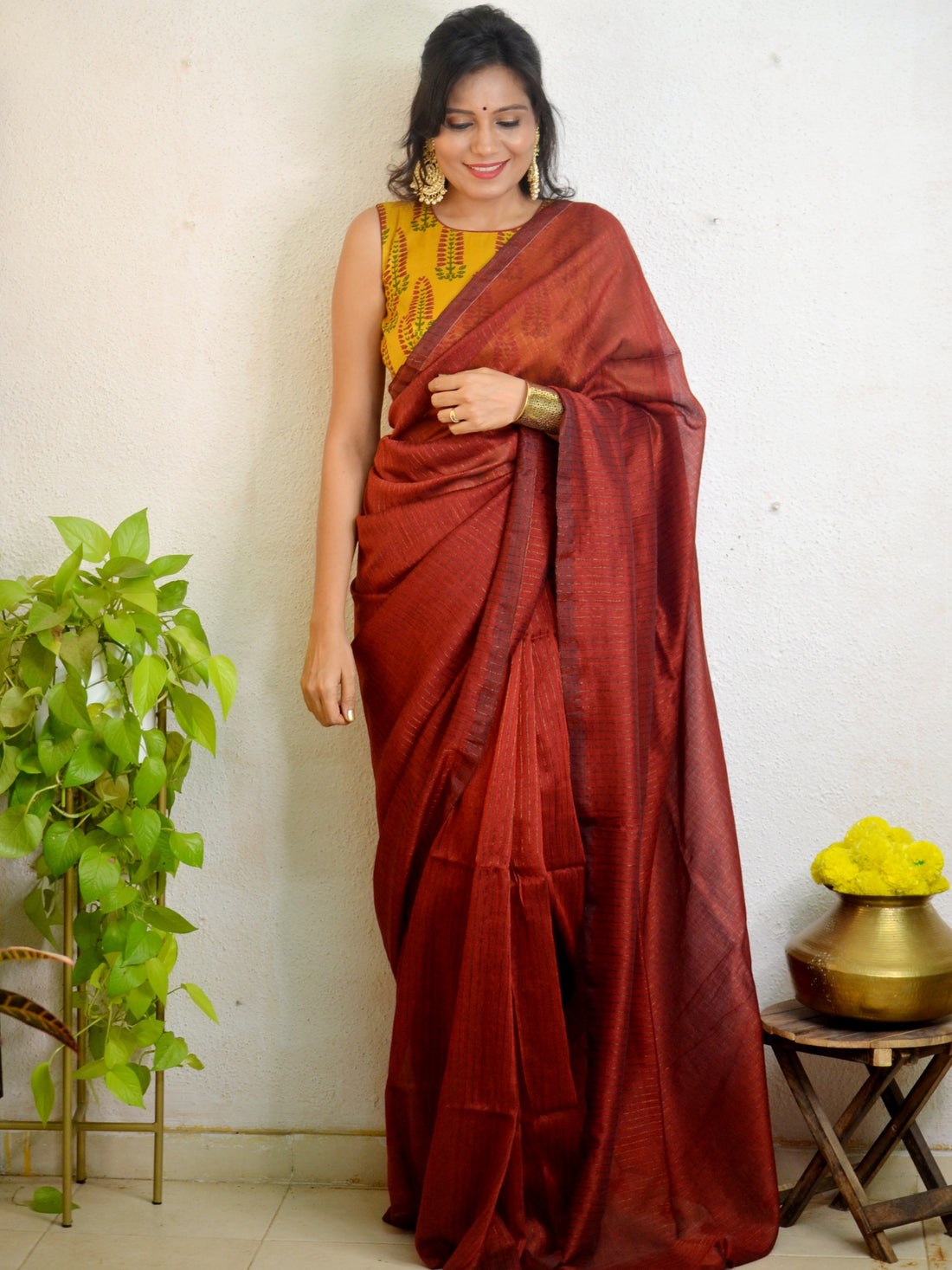 "Sitara" Handloom Khaadi Golden Striped Saree-Maroon