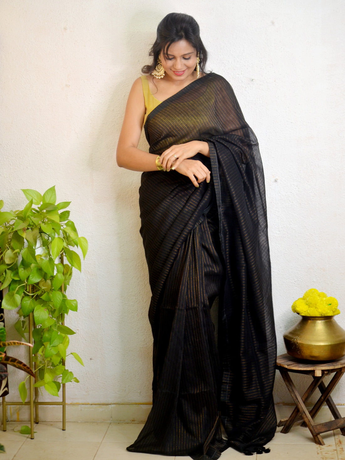 "Sitara" Handloom Khaadi Golden Striped Saree-Black