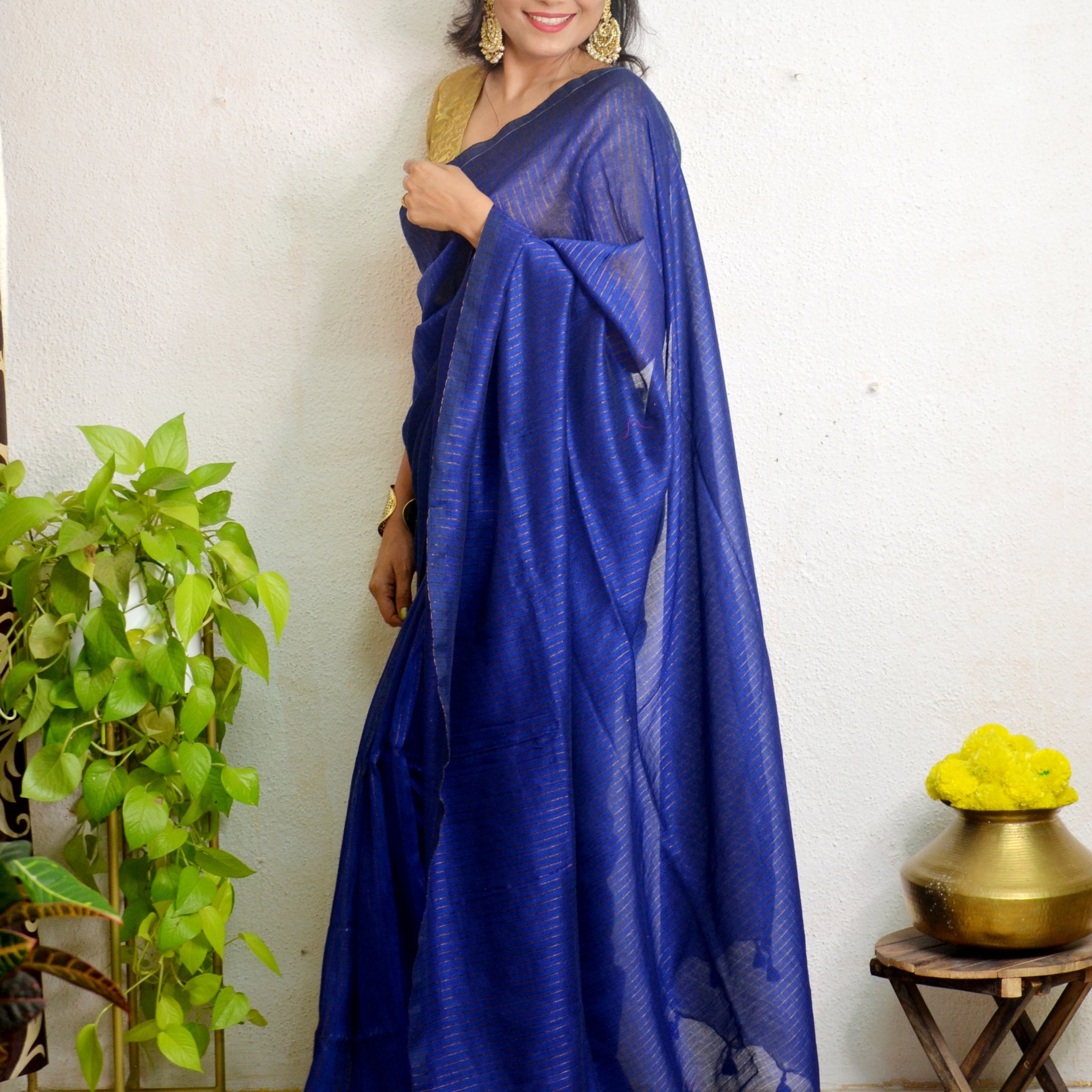 "Sitara" Handloom Khaadi Golden Striped Saree- Blue