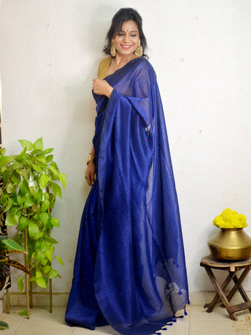 "Sitara" Handloom Khaadi Golden Striped Saree- Blue