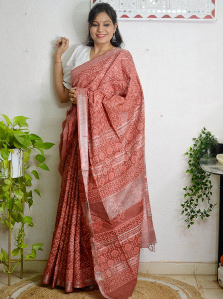 Cotton Linen Block Printed Saree8