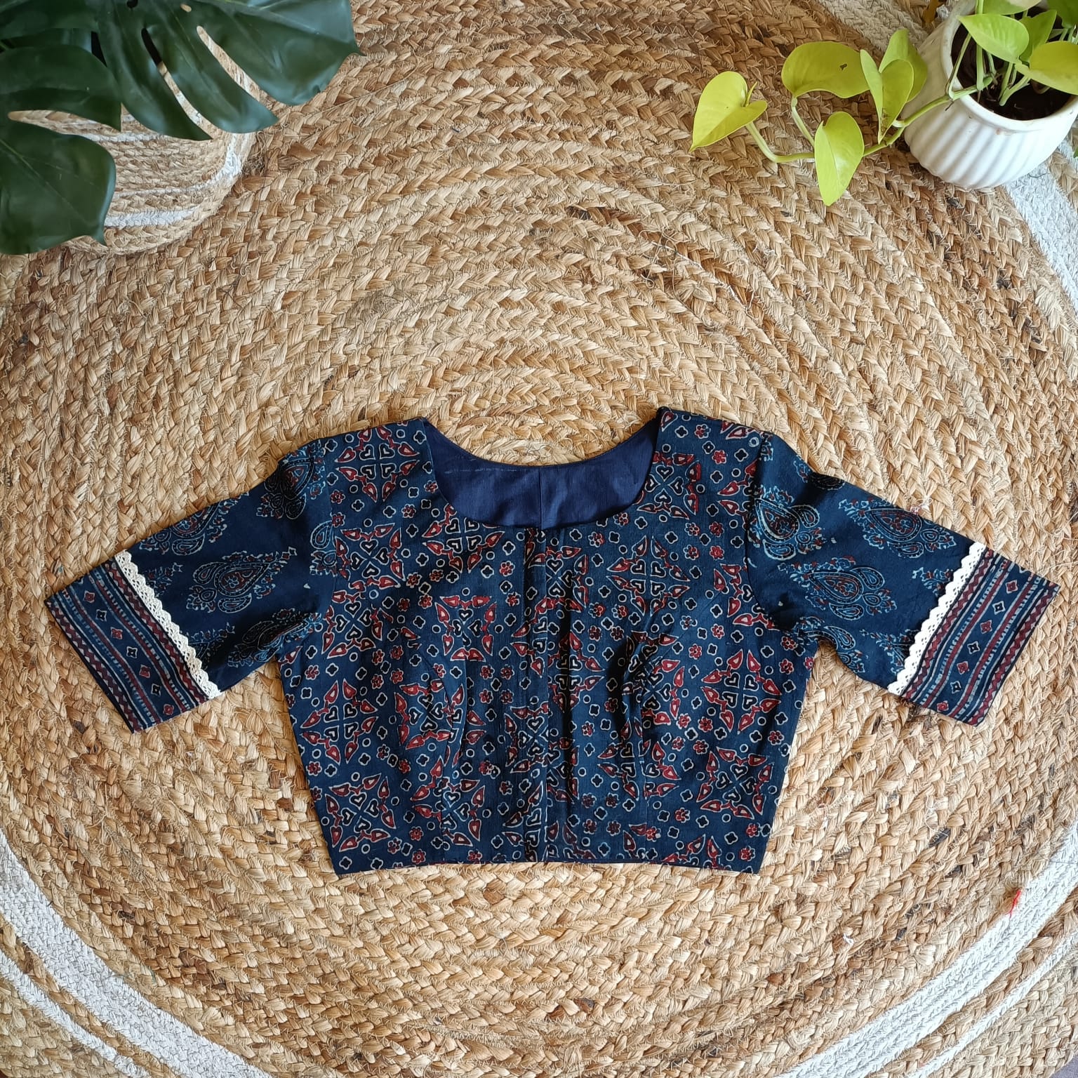 "Naina"-Ajrakh Cotton Handblocked Printed Blouse Indigo