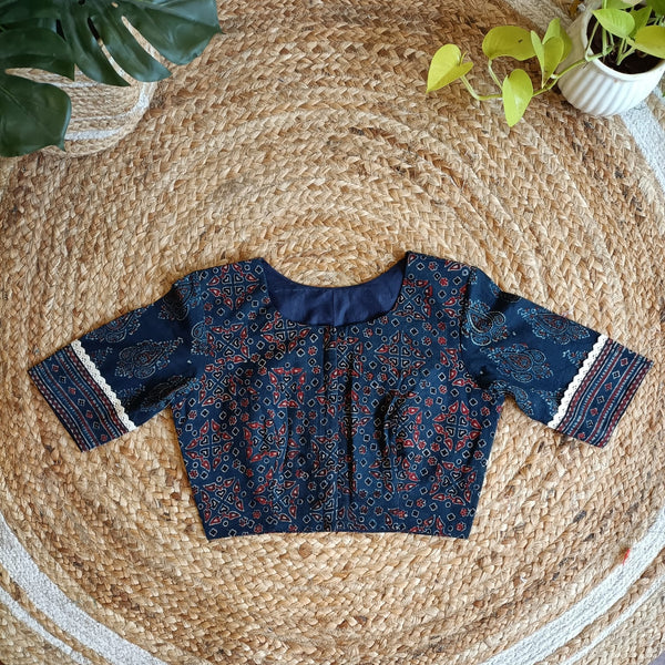 "Naina"-Ajrakh Cotton Handblocked Printed Blouse Indigo