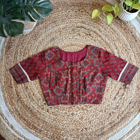 "Naina"-Ajrakh Cotton Handblocked Printed Blouse Rust