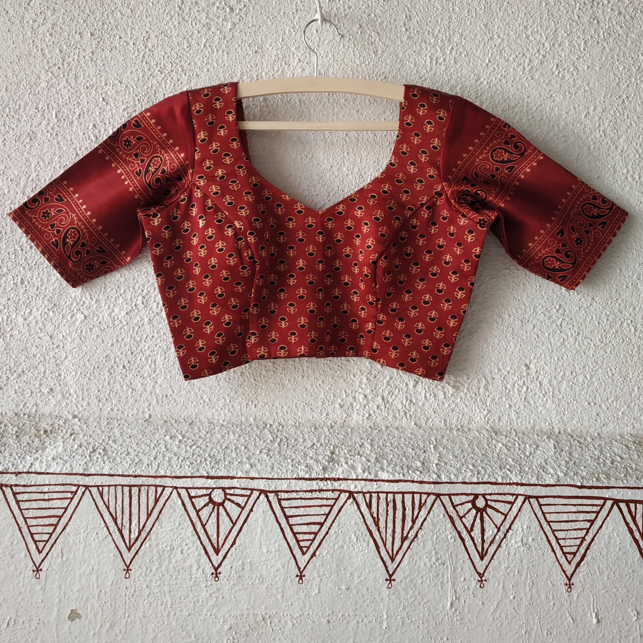 Silkana'-Mashroo Silk Ajrakh Blouse Maroon