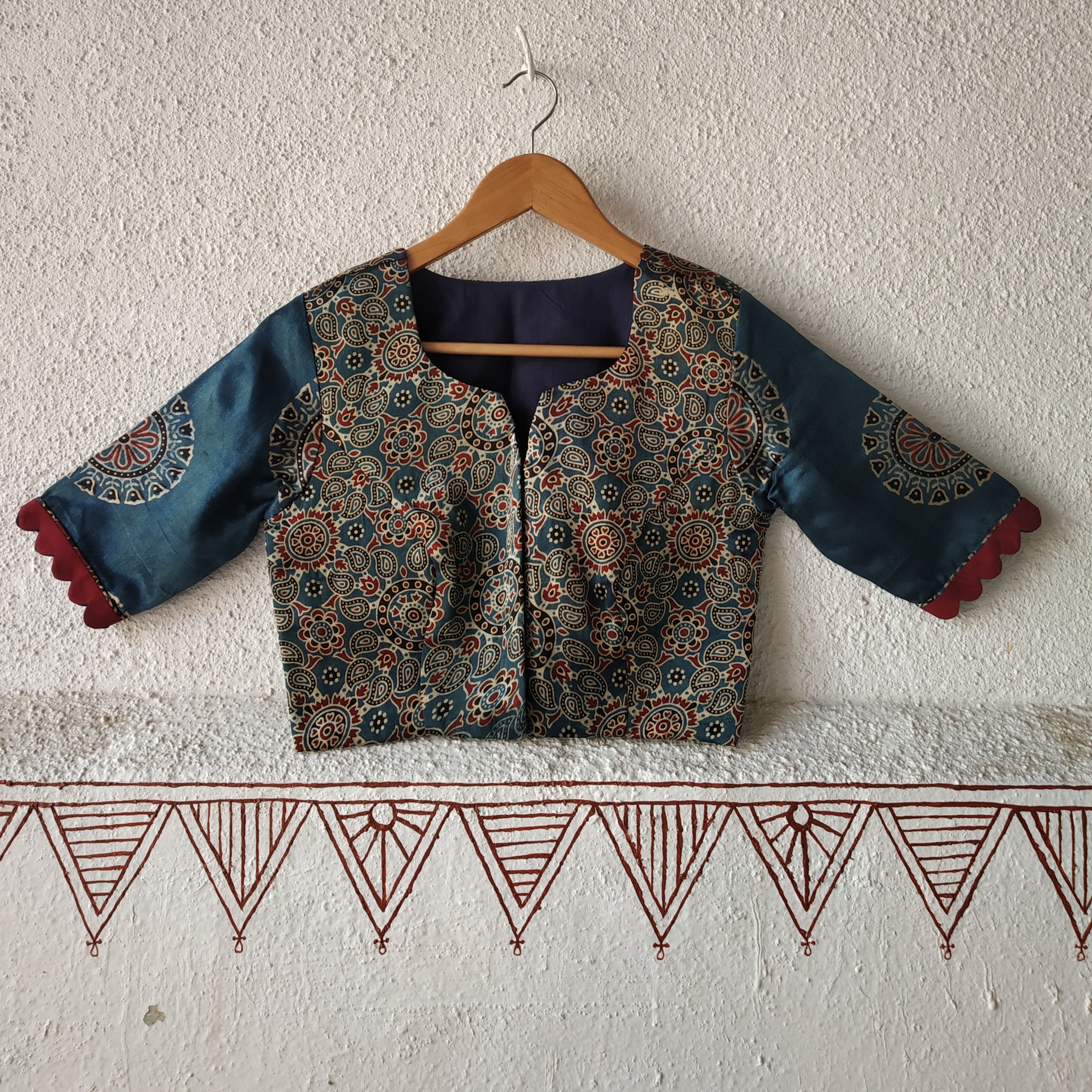Silkana'-Mashroo Silk Ajrakh Blouse Indigo