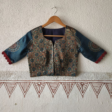 Silkana'-Mashroo Silk Ajrakh Blouse Indigo