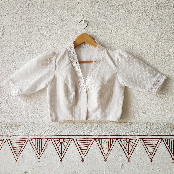 'Leher'-White Chikan Cotton Blouse