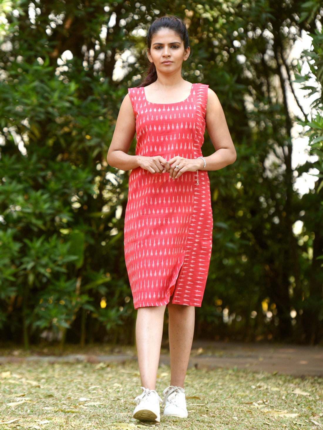 "Iktana"- Handloom Ikkat Cotton Shift Sleeveless Dress Red - Label Aarti Chauhan