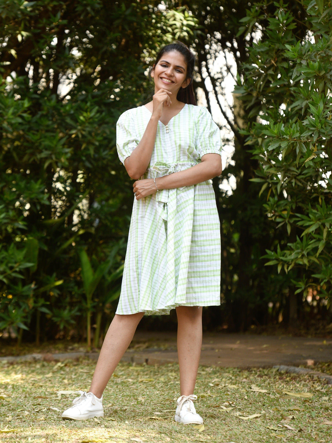 "Love For Checks" - Handloom Cotton Ikkat Dress Lime Green - Label Aarti Chauhan