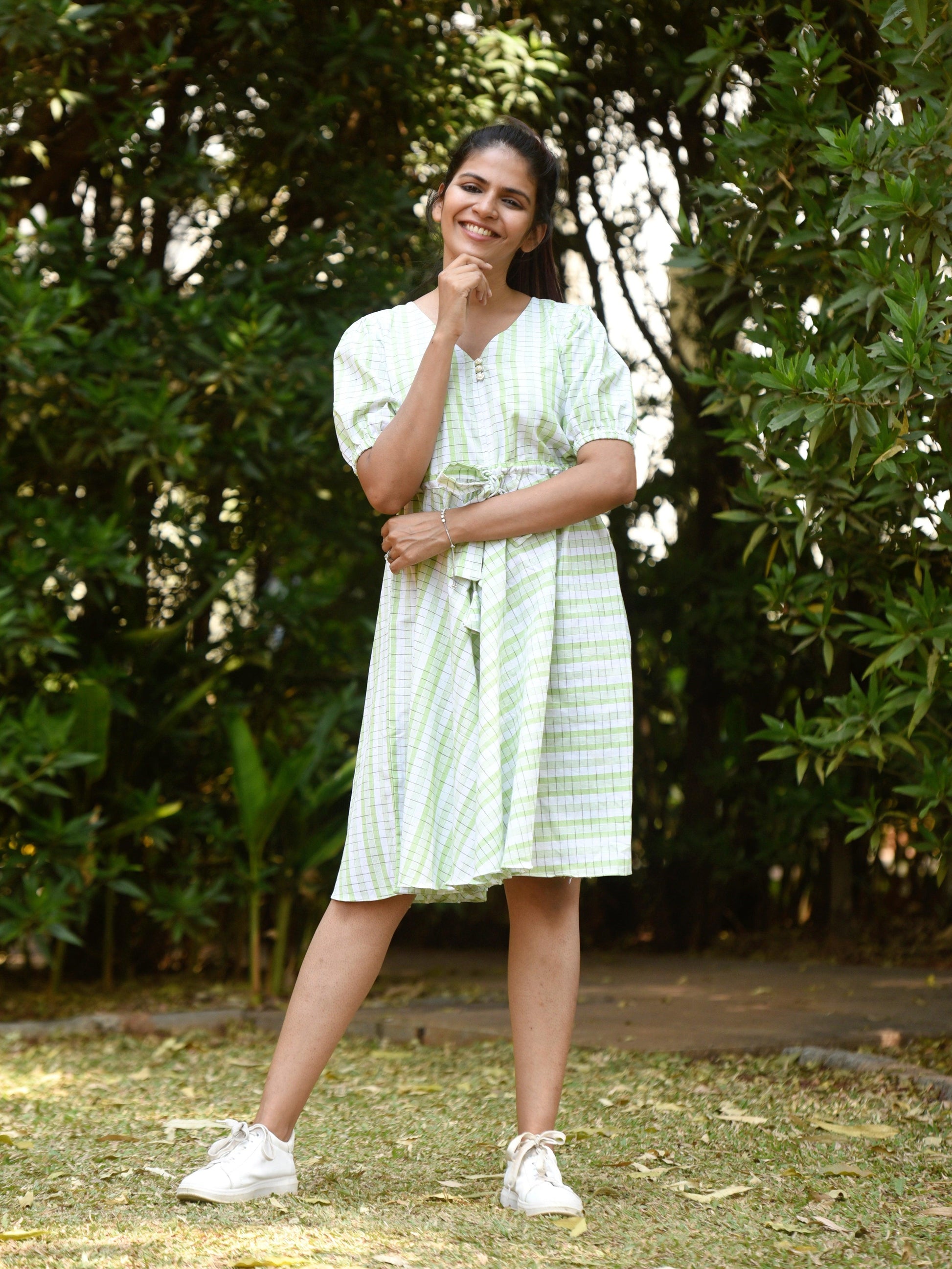 "Love For Checks" - Handloom Cotton Ikkat Dress Lime Green - Label Aarti Chauhan