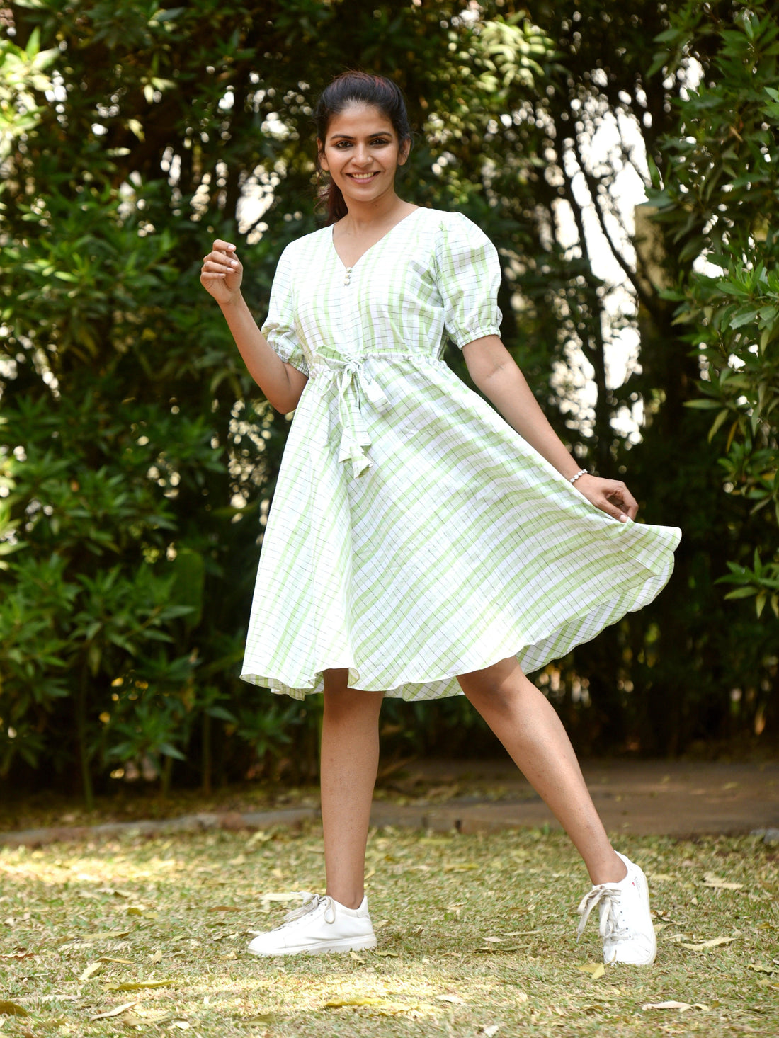 "Love For Checks" - Handloom Cotton Ikkat Dress Lime Green - Label Aarti Chauhan