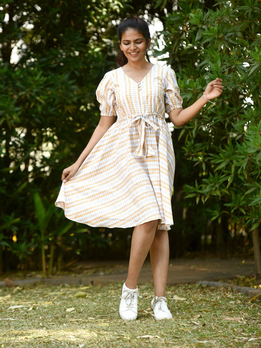 "Love For Checks" - Handloom Cotton Ikkat Dress Yellow - Label Aarti Chauhan