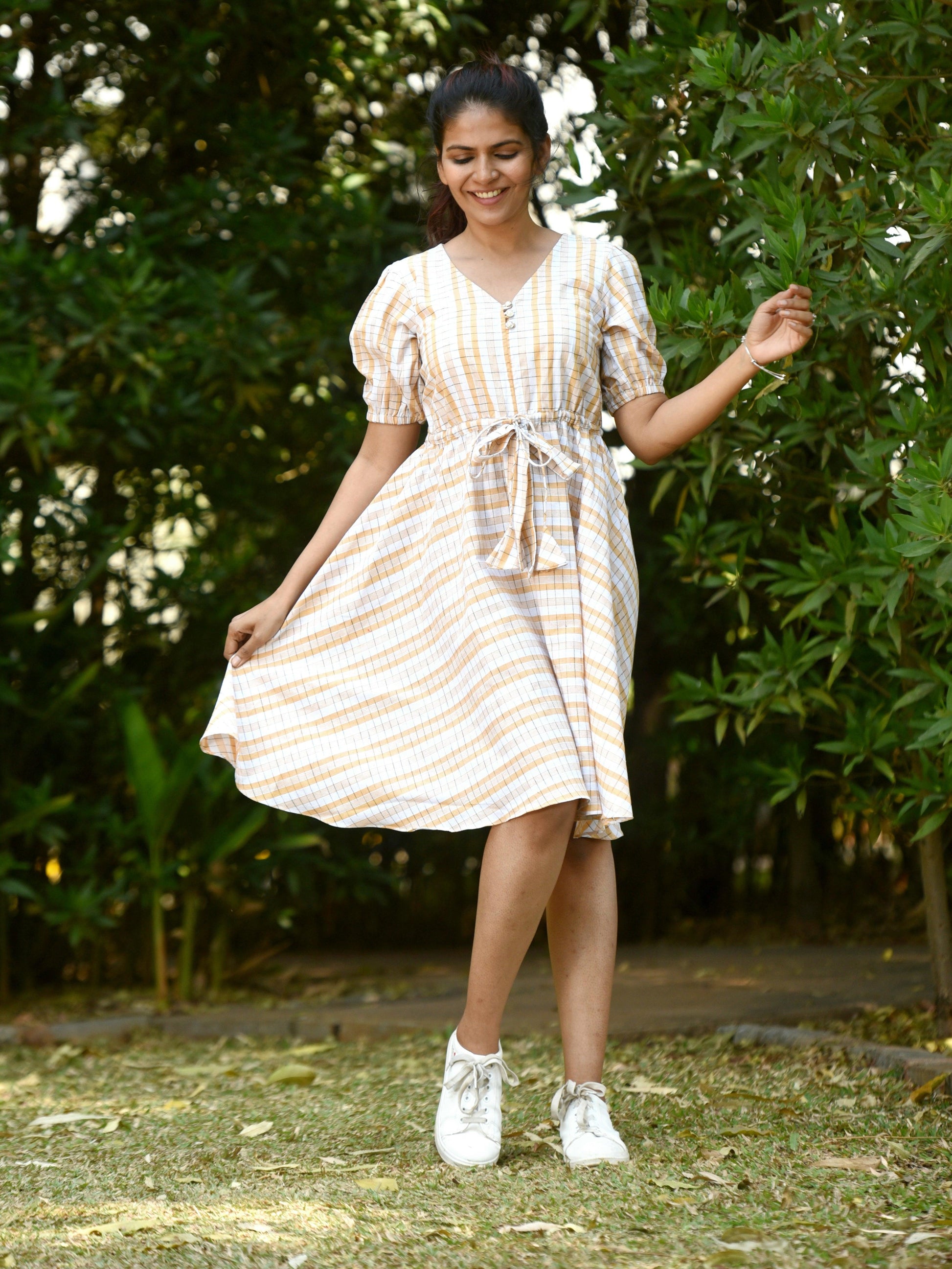 "Love For Checks" - Handloom Cotton Ikkat Dress Yellow - Label Aarti Chauhan