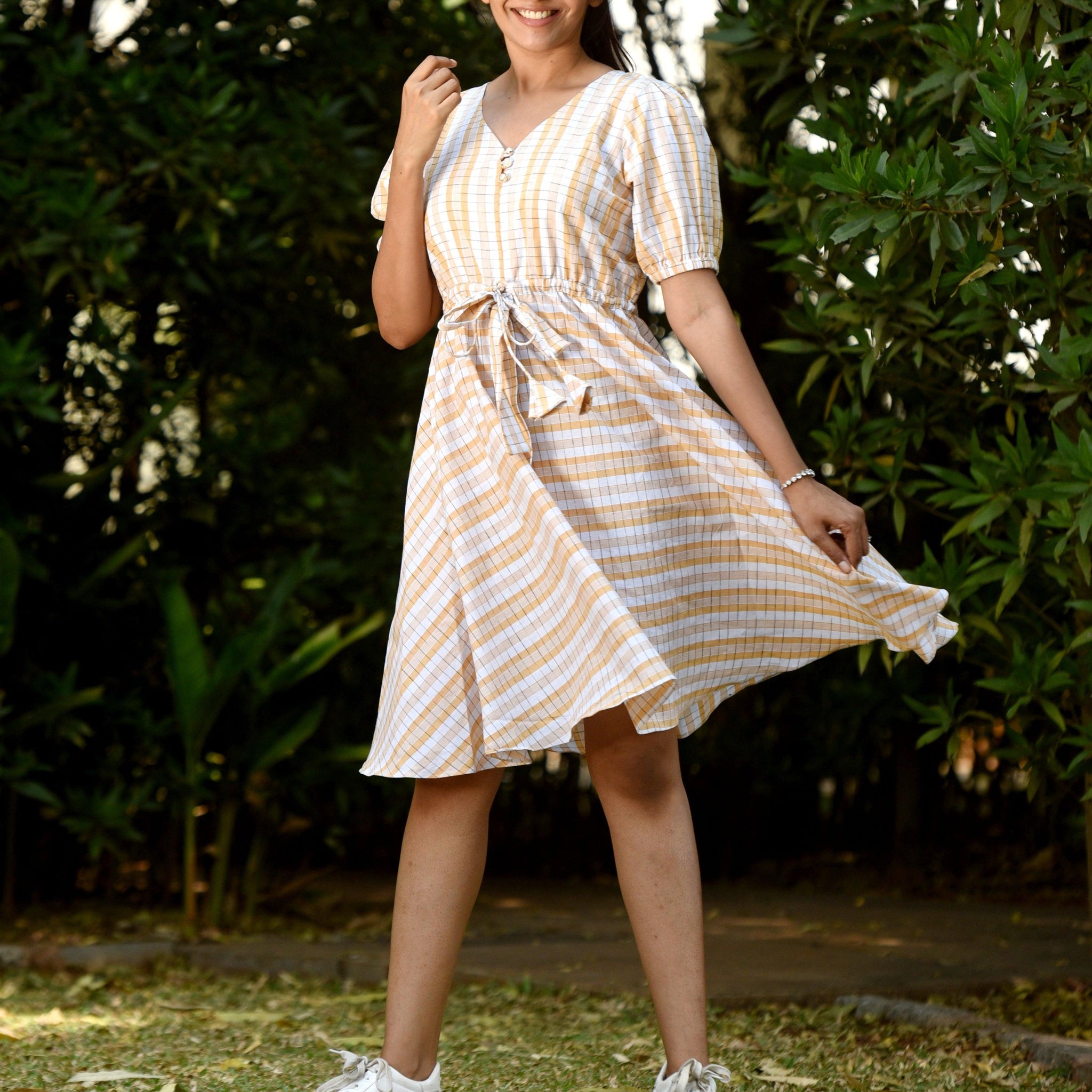 "Love For Checks" - Handloom Cotton Ikkat Dress Yellow - Label Aarti Chauhan