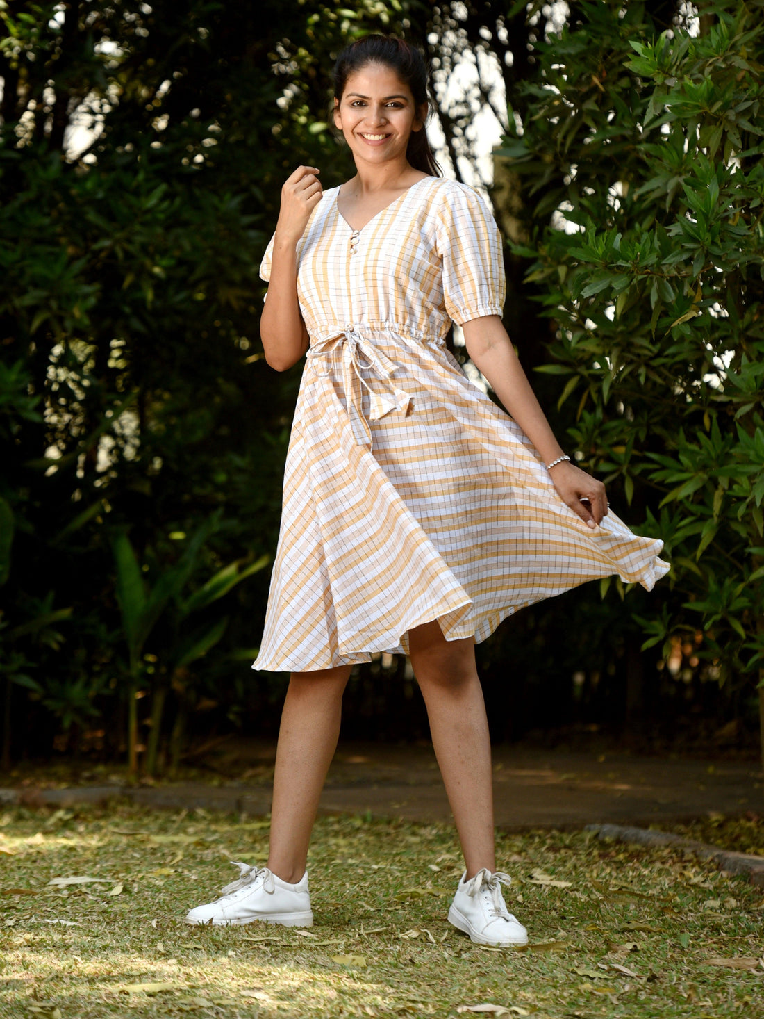 "Love For Checks" - Handloom Cotton Ikkat Dress Yellow - Label Aarti Chauhan